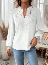 Load image into Gallery viewer, Swiss Dot Lace Detail Notched Long Sleeve Blouse