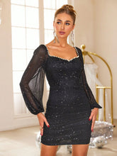 Load image into Gallery viewer, Pearl Trim Sweetheart Neck Long Sleeve Mini Dress