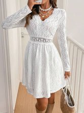Load image into Gallery viewer, Lace Detail V Neck Long Sleeve Mini Dress