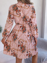 Load image into Gallery viewer, Pleated Printed Tie Neck Long Sleeve Dress