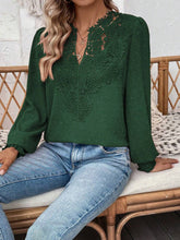Load image into Gallery viewer, Swiss Dot Lace Detail Notched Long Sleeve Blouse