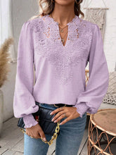Load image into Gallery viewer, Swiss Dot Lace Detail Notched Long Sleeve Blouse
