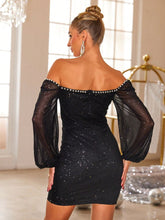 Load image into Gallery viewer, Pearl Trim Sweetheart Neck Long Sleeve Mini Dress