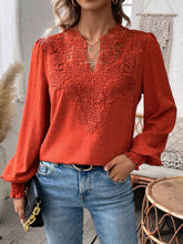 Load image into Gallery viewer, Swiss Dot Lace Detail Notched Long Sleeve Blouse