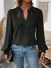Load image into Gallery viewer, Swiss Dot Lace Detail Notched Long Sleeve Blouse