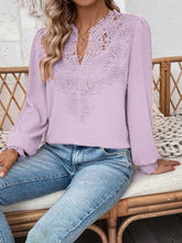 Load image into Gallery viewer, Swiss Dot Lace Detail Notched Long Sleeve Blouse