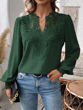 Load image into Gallery viewer, Swiss Dot Lace Detail Notched Long Sleeve Blouse