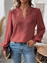 Load image into Gallery viewer, Swiss Dot Lace Detail Notched Long Sleeve Blouse