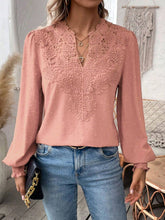 Load image into Gallery viewer, Swiss Dot Lace Detail Notched Long Sleeve Blouse