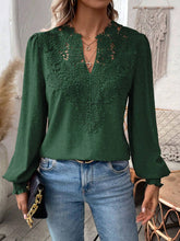 Load image into Gallery viewer, Swiss Dot Lace Detail Notched Long Sleeve Blouse