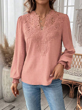 Load image into Gallery viewer, Swiss Dot Lace Detail Notched Long Sleeve Blouse