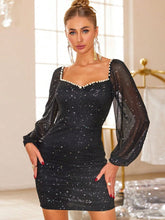 Load image into Gallery viewer, Pearl Trim Sweetheart Neck Long Sleeve Mini Dress