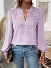 Load image into Gallery viewer, Swiss Dot Lace Detail Notched Long Sleeve Blouse