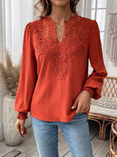 Load image into Gallery viewer, Swiss Dot Lace Detail Notched Long Sleeve Blouse