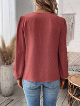 Load image into Gallery viewer, Swiss Dot Lace Detail Notched Long Sleeve Blouse