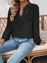Load image into Gallery viewer, Swiss Dot Lace Detail Notched Long Sleeve Blouse