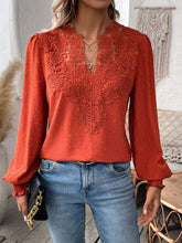Load image into Gallery viewer, Swiss Dot Lace Detail Notched Long Sleeve Blouse