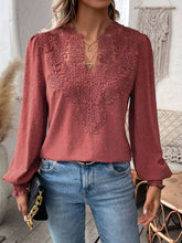 Load image into Gallery viewer, Swiss Dot Lace Detail Notched Long Sleeve Blouse