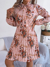 Load image into Gallery viewer, Pleated Printed Tie Neck Long Sleeve Dress
