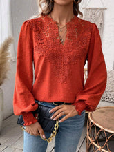 Load image into Gallery viewer, Swiss Dot Lace Detail Notched Long Sleeve Blouse