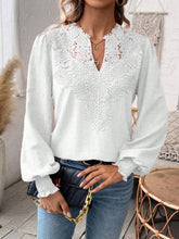 Load image into Gallery viewer, Swiss Dot Lace Detail Notched Long Sleeve Blouse
