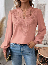 Load image into Gallery viewer, Swiss Dot Lace Detail Notched Long Sleeve Blouse