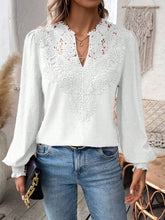 Load image into Gallery viewer, Swiss Dot Lace Detail Notched Long Sleeve Blouse