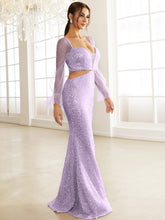 Load image into Gallery viewer, Sequin Cutout Mesh Flounce Sleeve Dress - hc