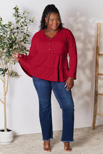 Load image into Gallery viewer, Double Take Half Button Long Sleeve Ruffle Hem Blouse