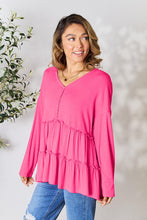 Load image into Gallery viewer, Double Take Half Button Long Sleeve Ruffle Hem Blouse