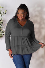 Load image into Gallery viewer, Double Take Half Button Long Sleeve Ruffle Hem Blouse