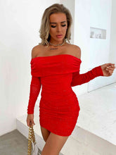 Load image into Gallery viewer, Glitter Mesh Off-Shoulder Ruched Mini Dress - hc