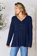 Load image into Gallery viewer, Double Take Half Button Long Sleeve Ruffle Hem Blouse