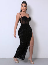 Load image into Gallery viewer, Sequin Spliced Mesh Adjustable Strap Dress - hc
