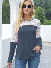 Load image into Gallery viewer, Waffle-Knit Lace Round Neck Long Sleeve T-Shirt
