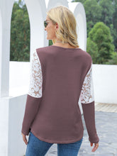 Load image into Gallery viewer, Waffle-Knit Lace Round Neck Long Sleeve T-Shirt
