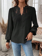Load image into Gallery viewer, Swiss Dot Lace Detail Notched Long Sleeve Blouse
