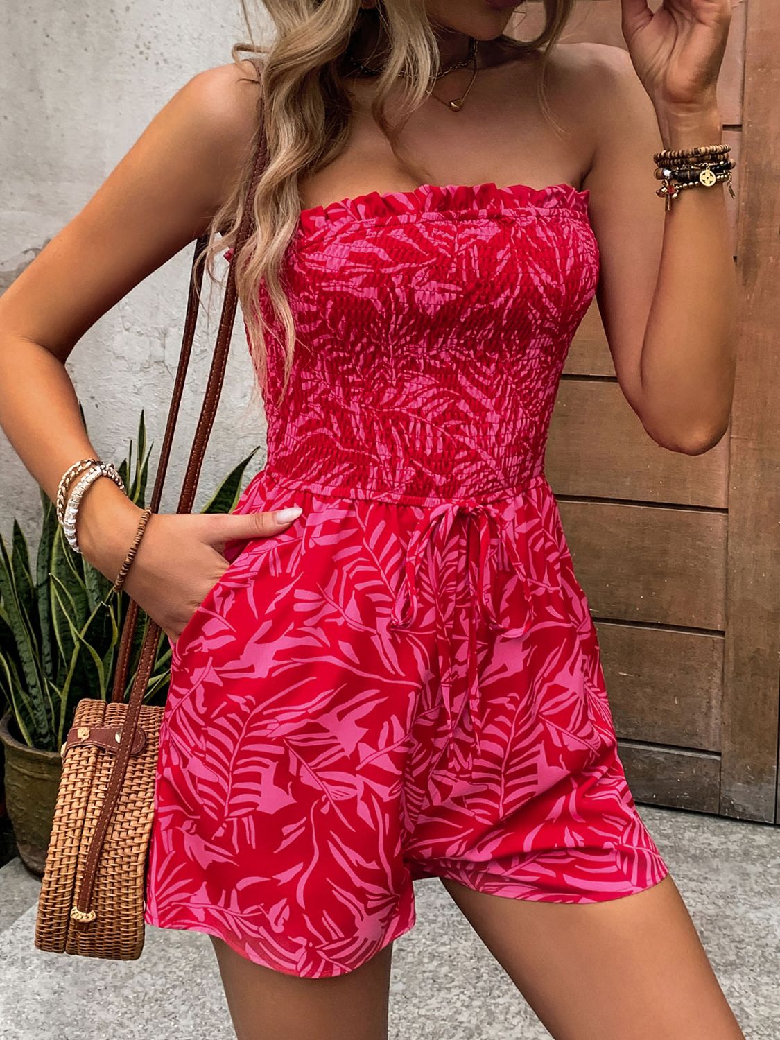 Load image into Gallery viewer, Perfee Smocked Printed Tube Romper with Pockets