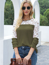 Load image into Gallery viewer, Waffle-Knit Lace Round Neck Long Sleeve T-Shirt
