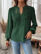 Load image into Gallery viewer, Swiss Dot Lace Detail Notched Long Sleeve Blouse
