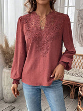 Load image into Gallery viewer, Swiss Dot Lace Detail Notched Long Sleeve Blouse

