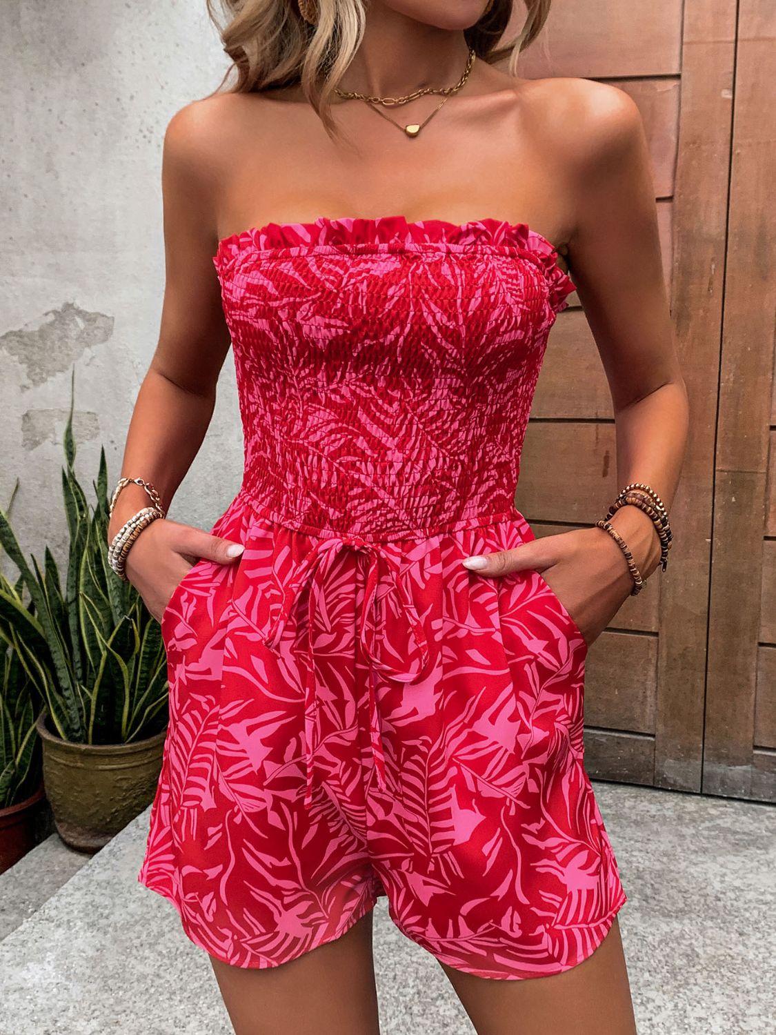 Load image into Gallery viewer, Perfee Smocked Printed Tube Romper with Pockets