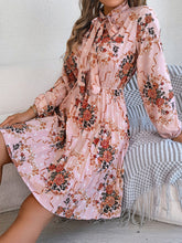 Load image into Gallery viewer, Pleated Printed Tie Neck Long Sleeve Dress
