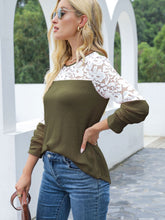Load image into Gallery viewer, Waffle-Knit Lace Round Neck Long Sleeve T-Shirt
