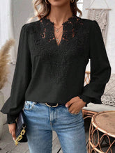 Load image into Gallery viewer, Swiss Dot Lace Detail Notched Long Sleeve Blouse
