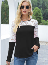 Load image into Gallery viewer, Waffle-Knit Lace Round Neck Long Sleeve T-Shirt
