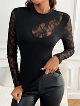 Load image into Gallery viewer, Lace Patchwork Mock Neck Long Sleeve Top
