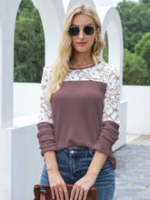 Load image into Gallery viewer, Waffle-Knit Lace Round Neck Long Sleeve T-Shirt
