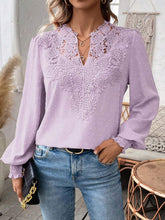 Load image into Gallery viewer, Swiss Dot Lace Detail Notched Long Sleeve Blouse
