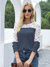Load image into Gallery viewer, Waffle-Knit Lace Round Neck Long Sleeve T-Shirt
